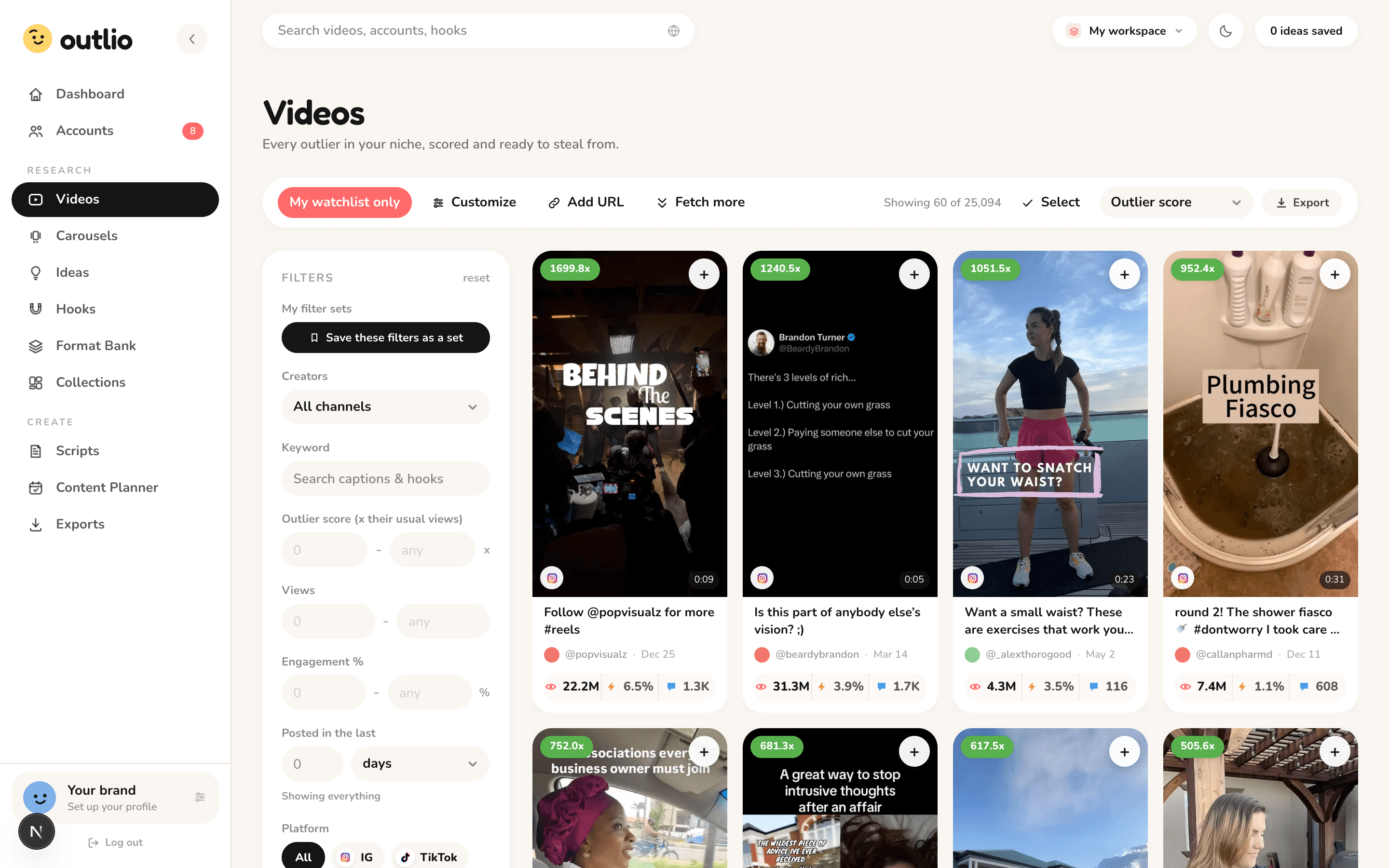 Outlio Videos feed with outlier scores, filters and export